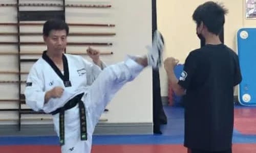 Grandmaster Kidong Lee demonstrating how to do a kick.